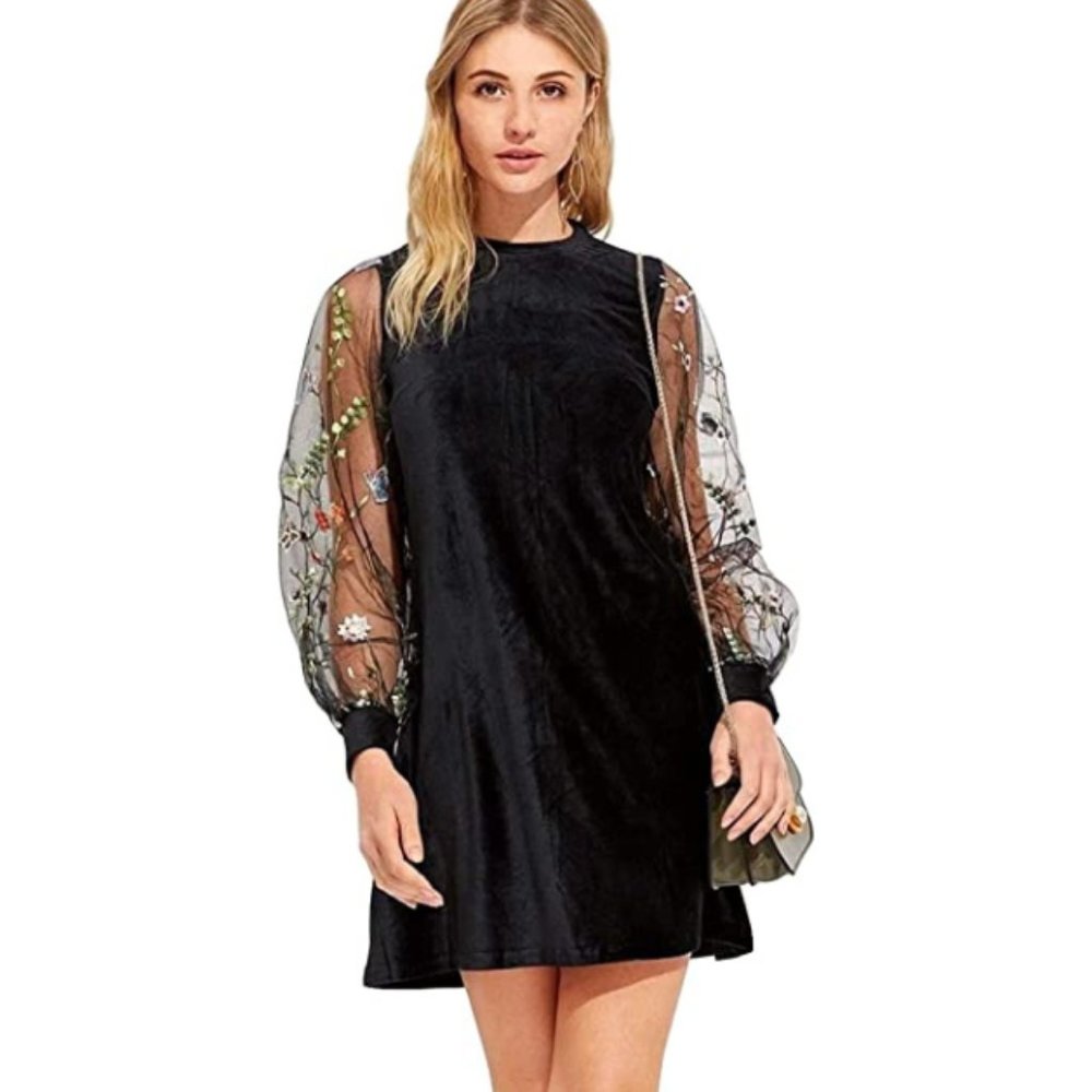 NWOT DIDK Women's Mesh Long Sleeve Pullover Tunic Dress Floral, Black Velvet
